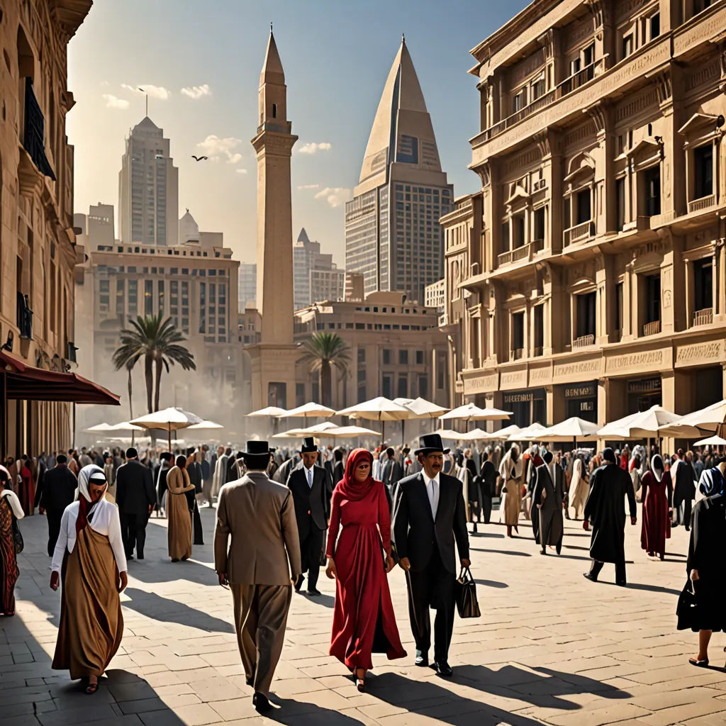 a group of people walking down a street next to tall buildings and palm trees in the background, with a few buildings in the background, arts and crafts movement, a detailed matte painting, Evgeny Lushpin, cinematic photography