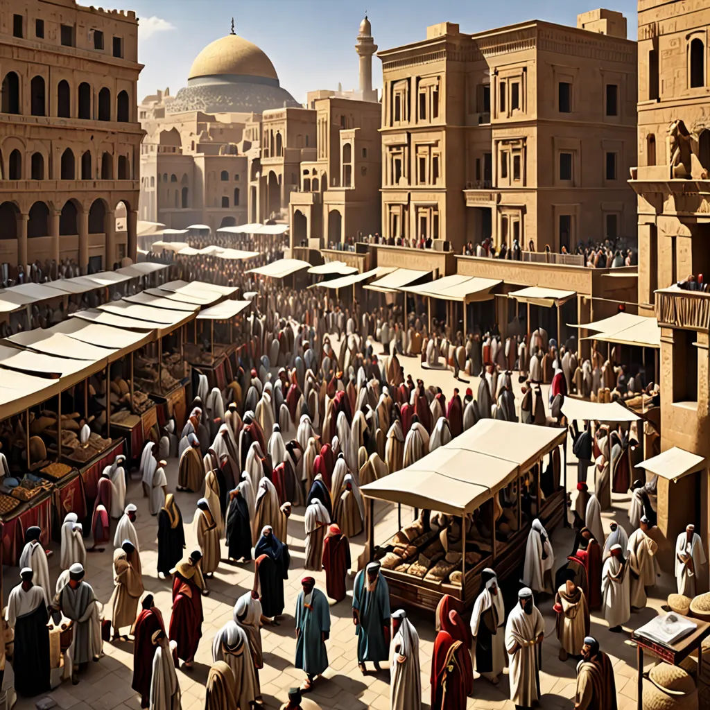 a group of people standing around a market in a desert town with a large building in the background and a sky background, hurufiyya, a detailed matte painting, David Ligare, orientalism