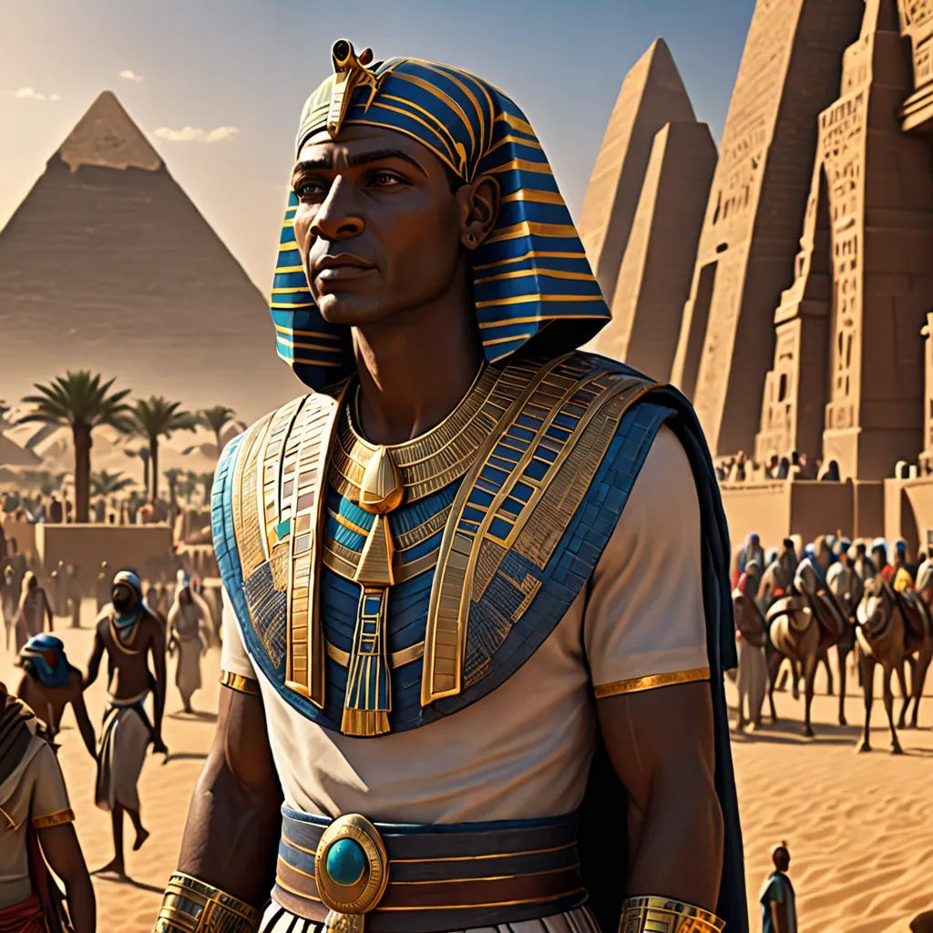 a man in a costume standing in front of a pyramid and pyramids in the desert with other people, afrofuturism, egyptian art, Altichiero, 8k photorealistic