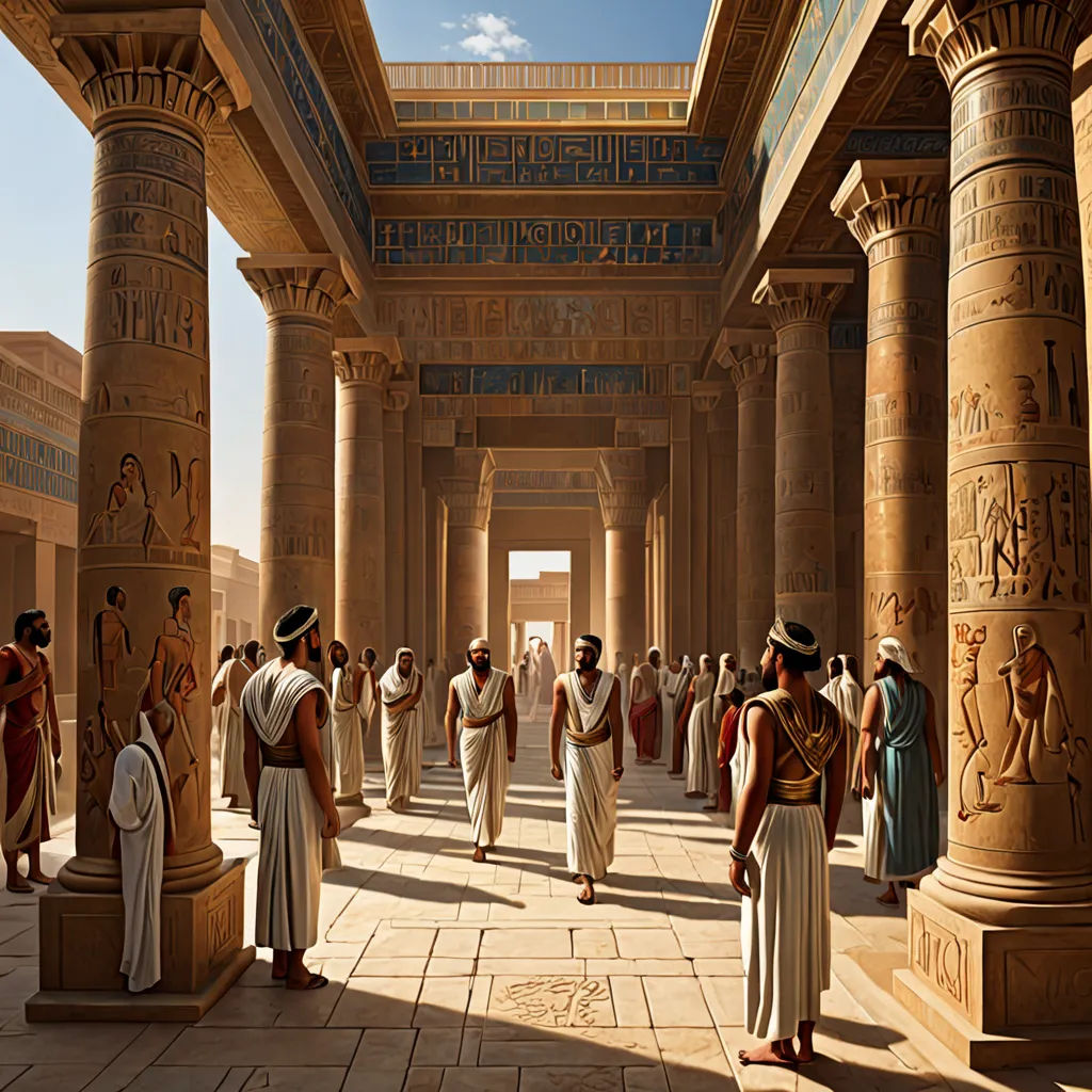 a painting of a group of people in ancient egypt standing in a courtyard of a temple with columns and columns, photorealism, egyptian art, Carel Willink, cinematic matte painting