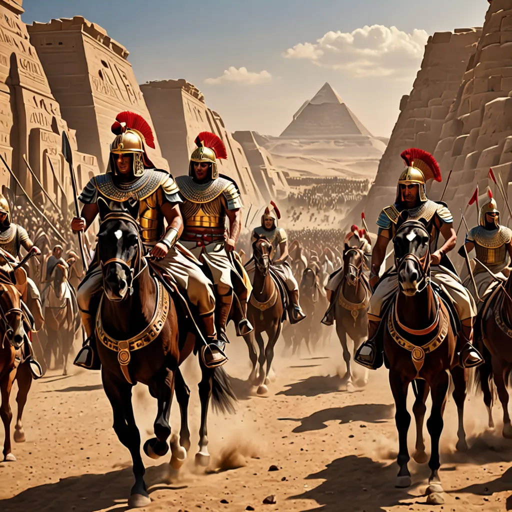 a group of men riding on the backs of horses in front of a pyramids in egypt, during a battle, antipodeans, a detailed matte painting, Altoon Sultan, cinematic matte painting