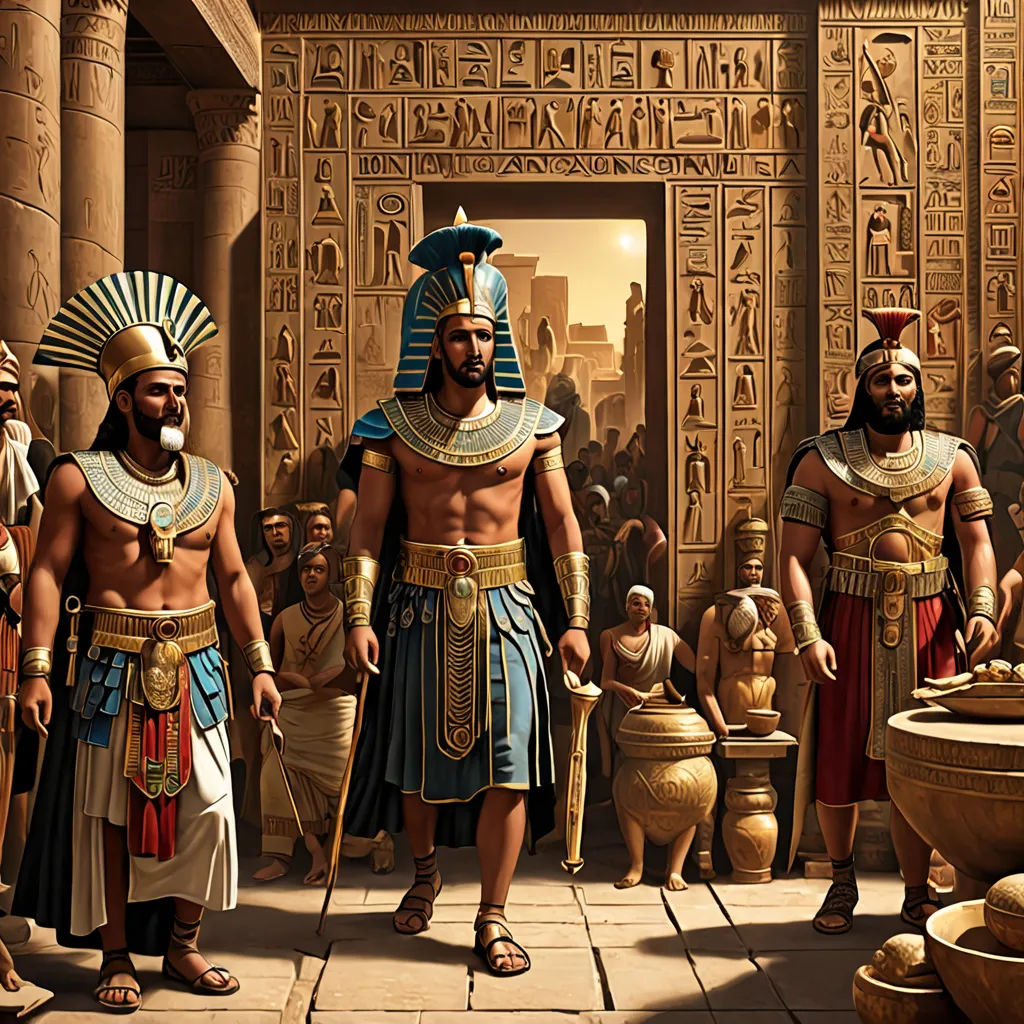 a group of men in ancient egyptian costumes standing in front of a temple with a fountain and a statue, academic art, egyptian art, Edward Otho Cresap Ord, II, highly detailed digital art