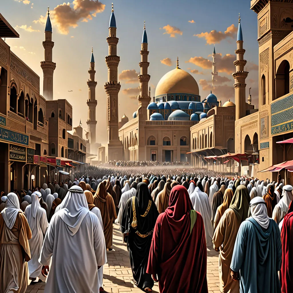 a painting of a group of people walking in a street in front of a mosque with a sky background, hurufiyya, a detailed matte painting, Altoon Sultan, orientalism