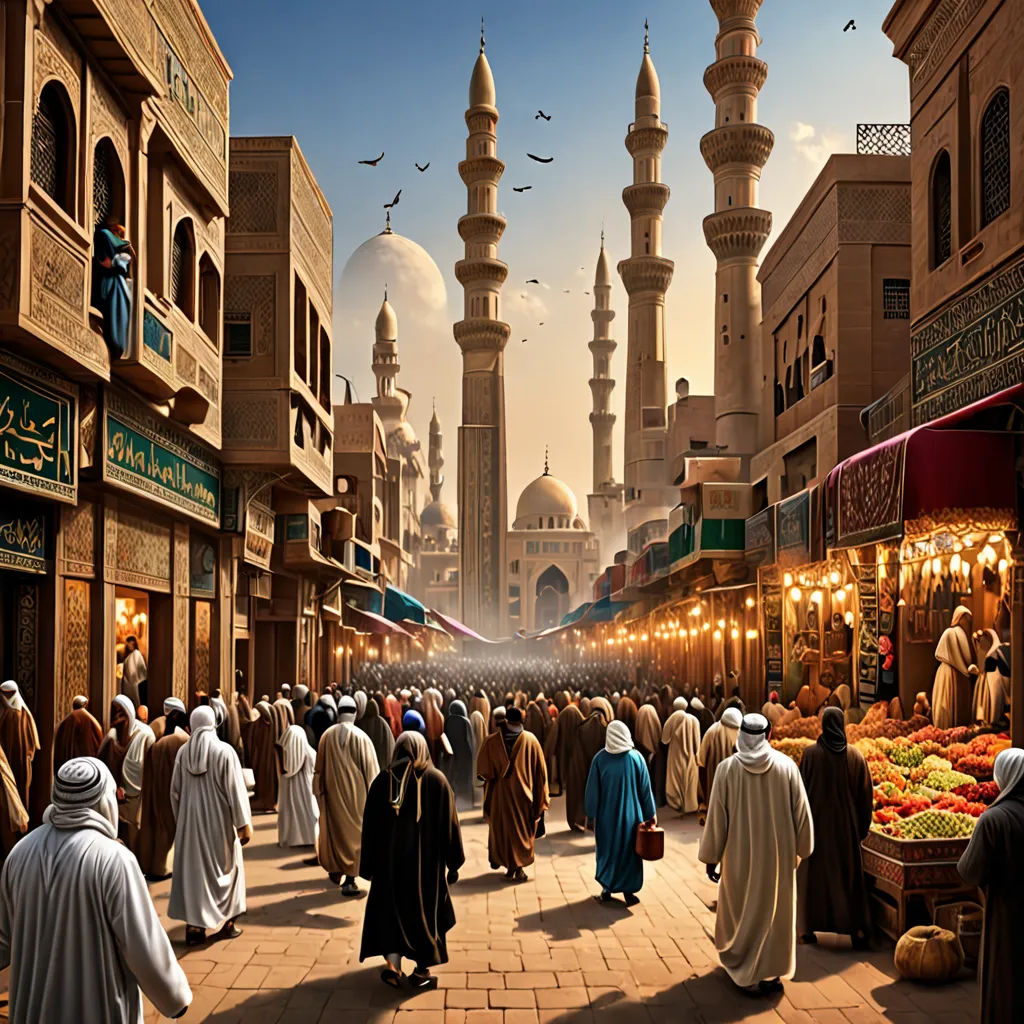 a painting of a busy street with people walking around it and a market in the background with a lot of food, hurufiyya, a detailed matte painting, Altoon Sultan, orientalism