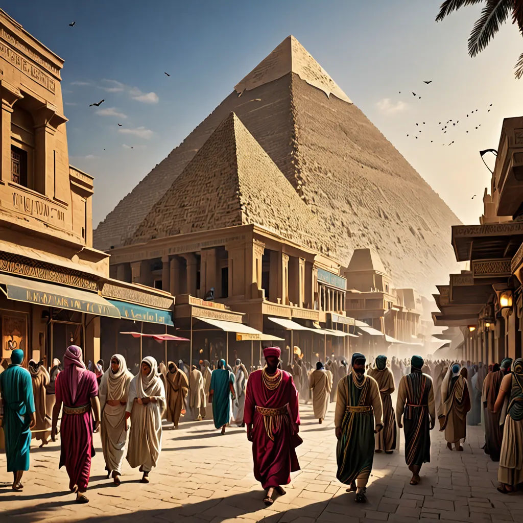 a group of people walking down a street next to a pyramid shaped building in egypt, with a crowd of people walking around, afrofuturism, a detailed matte painting, Beeple, cinematic matte painting