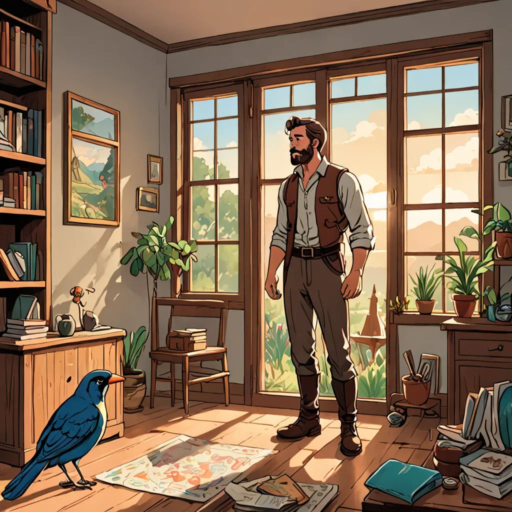 a man standing in a room with a bird on the floor and a bookcase in the background with a window, naturalism, a storybook illustration, Diego Gisbert Llorens, rossdraws global illumination