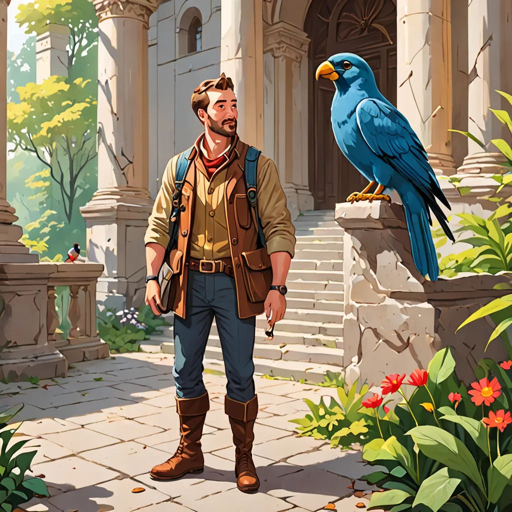 a man standing in front of a bird on a ledge next to a building with a parrot on it, fantasy art, a character portrait, Chris LaBrooy, character portrait