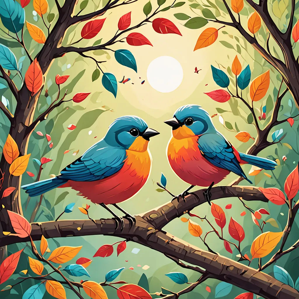 two birds sitting on a branch in a tree with leaves and sun in the background, with a background of leaves and branches, generative art, a storybook illustration, Chris LaBrooy, birds