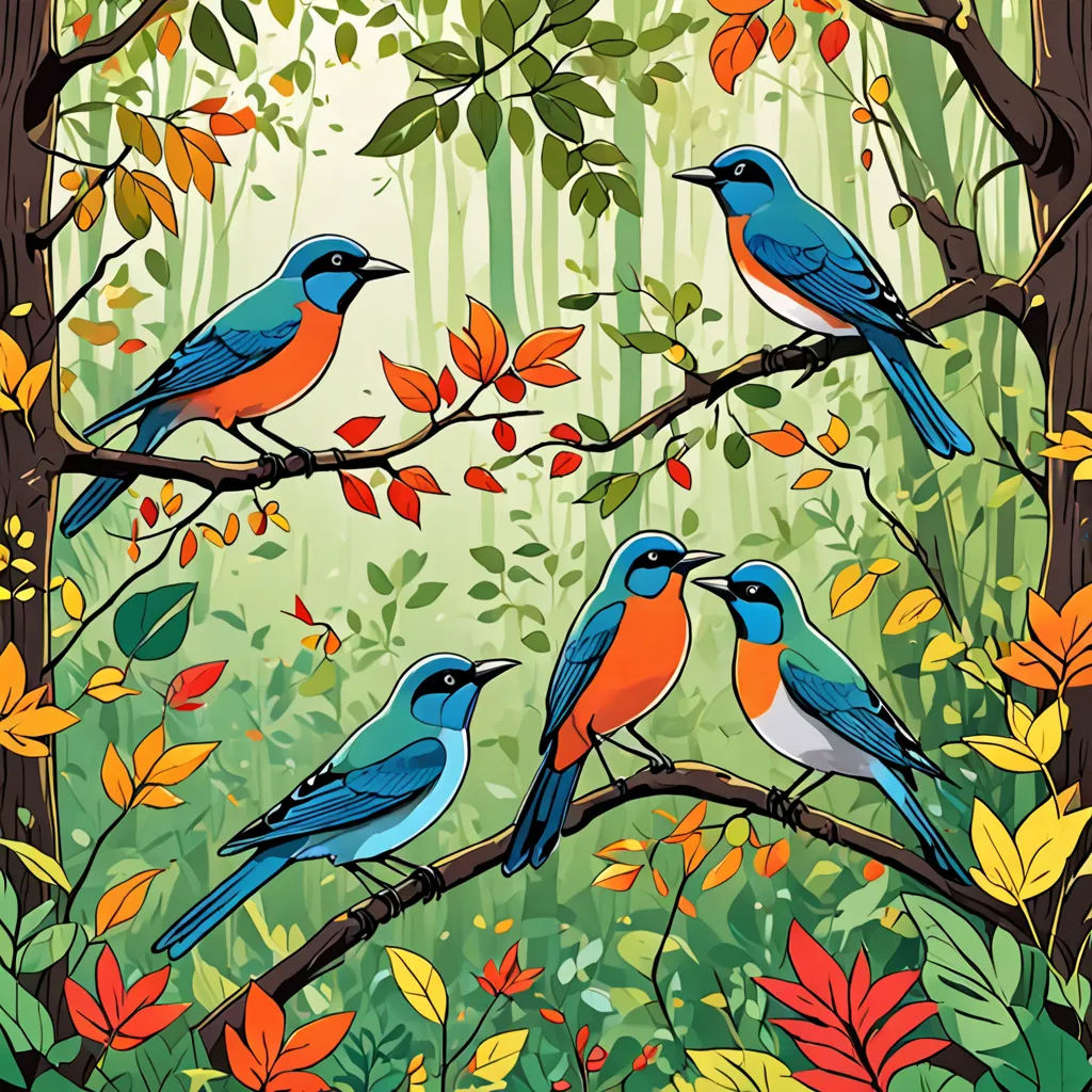 a painting of three birds sitting on a branch in a forest with leaves and flowers around them, with a green background, naturalism, a storybook illustration, Chris LaBrooy, birds