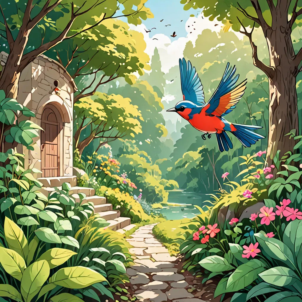 a bird flying over a lush green forest filled with flowers and trees next to a stone pathway with a doorway, fantasy art, a storybook illustration, Chris LaBrooy, storybook illustration