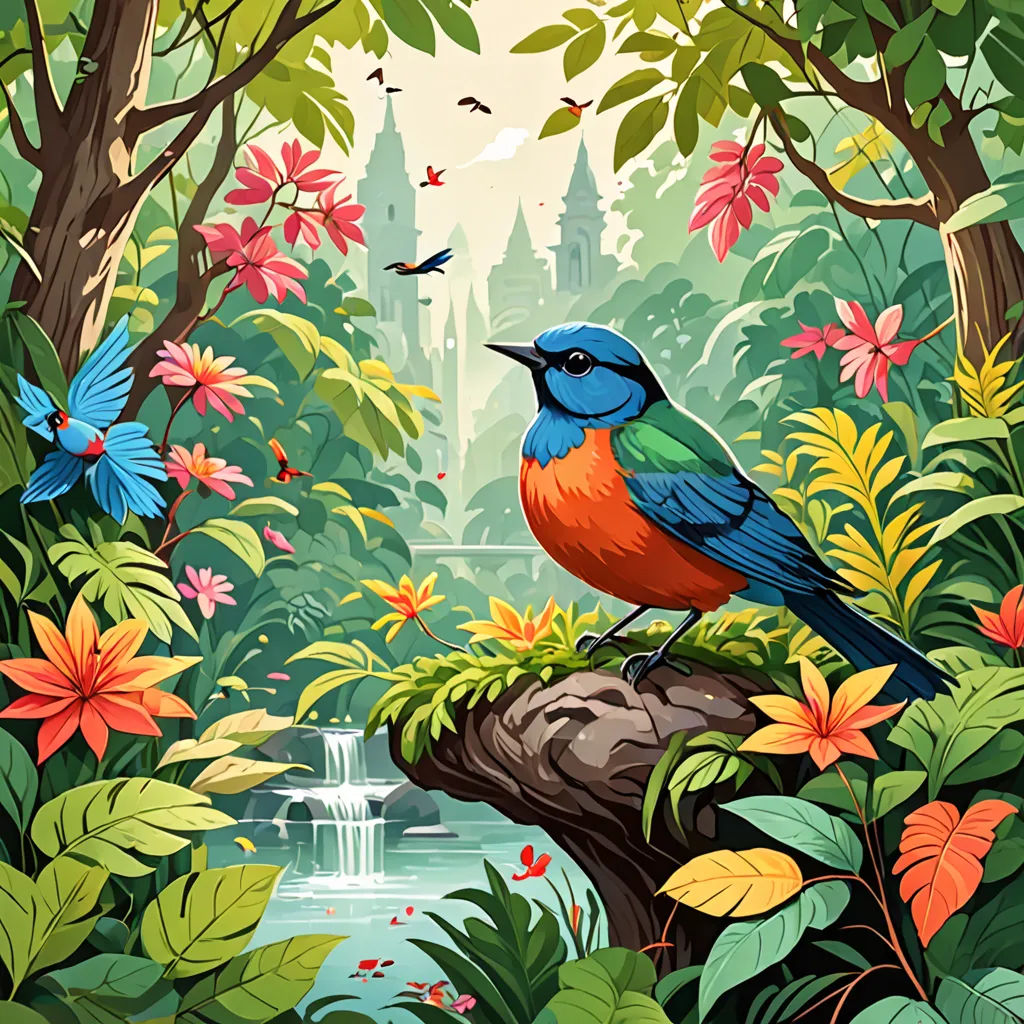 a bird sitting on a tree branch in a forest with flowers and a waterfall in the background with a waterfall in the middle, fantasy art, a storybook illustration, Chris LaBrooy, highly detailed digital painting