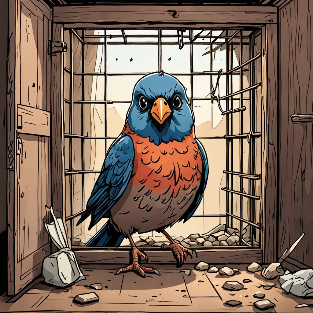 a bird is standing in a cage with rocks and a rock floor in front of it and a rock wall behind it, private press, a comic book panel, David Teniers III, birds