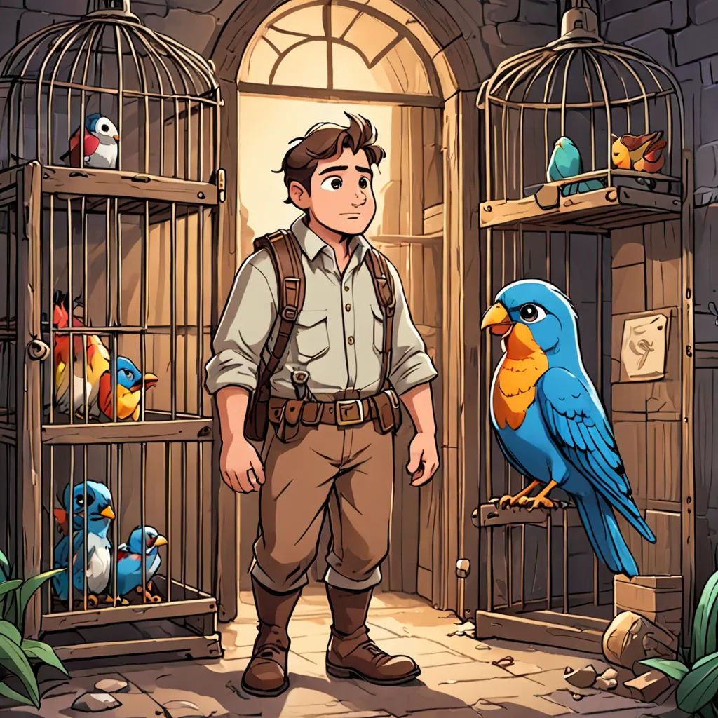 a man standing in front of a bird cage with a parrot in it's cage next to him, fantasy art, a storybook illustration, Diego Gisbert Llorens, rossdraws global illumination