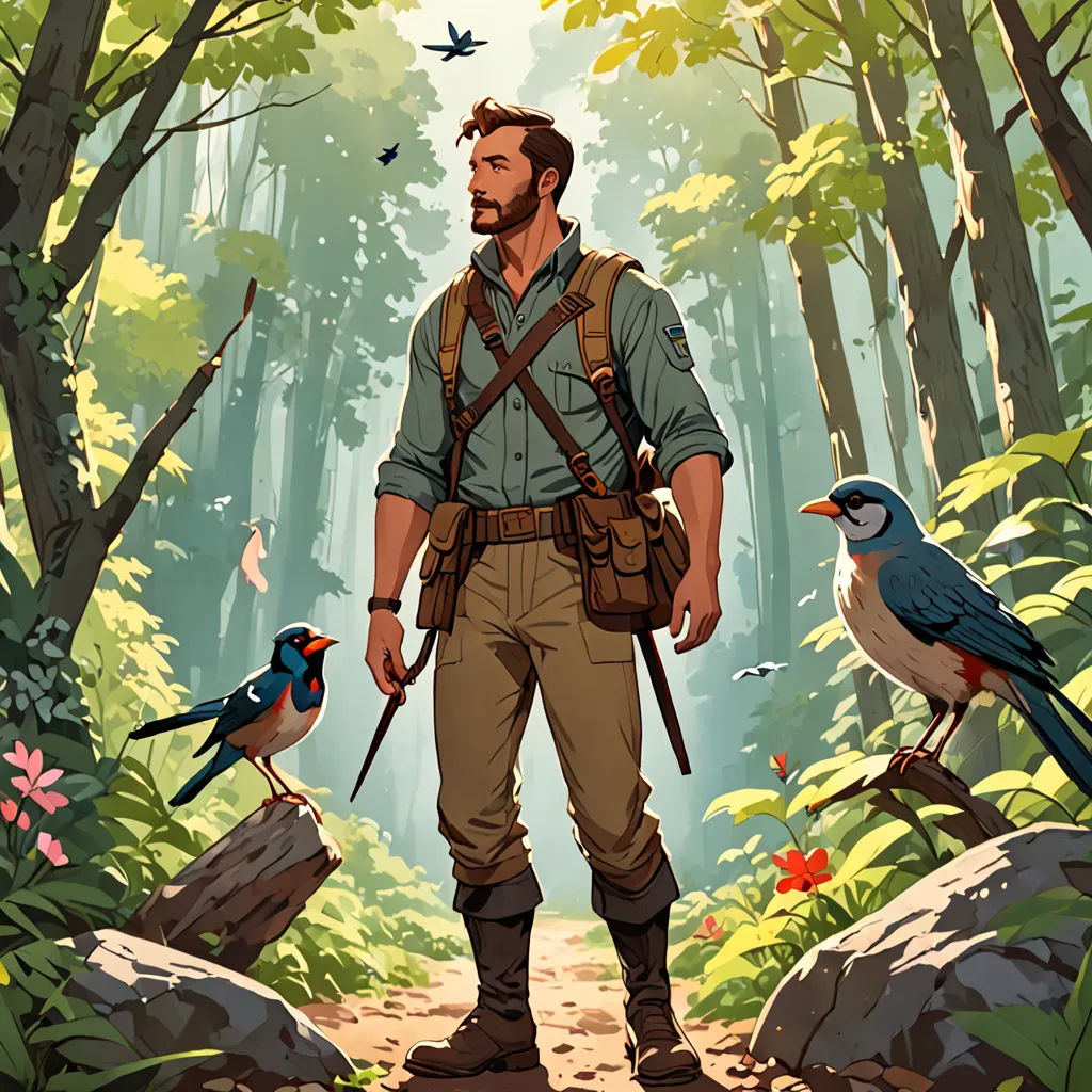 a man with a backpack standing in the woods with birds around him and a bird on his shoulder,, environmental art, a character portrait, Chris LaBrooy, official art