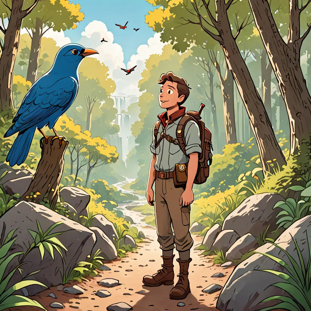 a man standing in a forest with a bird on his shoulder and a bird on his shoulder, looking at him, fantasy art, a storybook illustration, Diego Gisbert Llorens, rossdraws global illumination