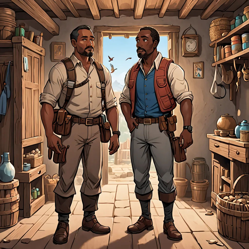 two men standing in a room with a clock on the wall and a bird flying overhead in the sky, harlem renaissance, concept art, Cedric Seaut (Keos Masons), official art