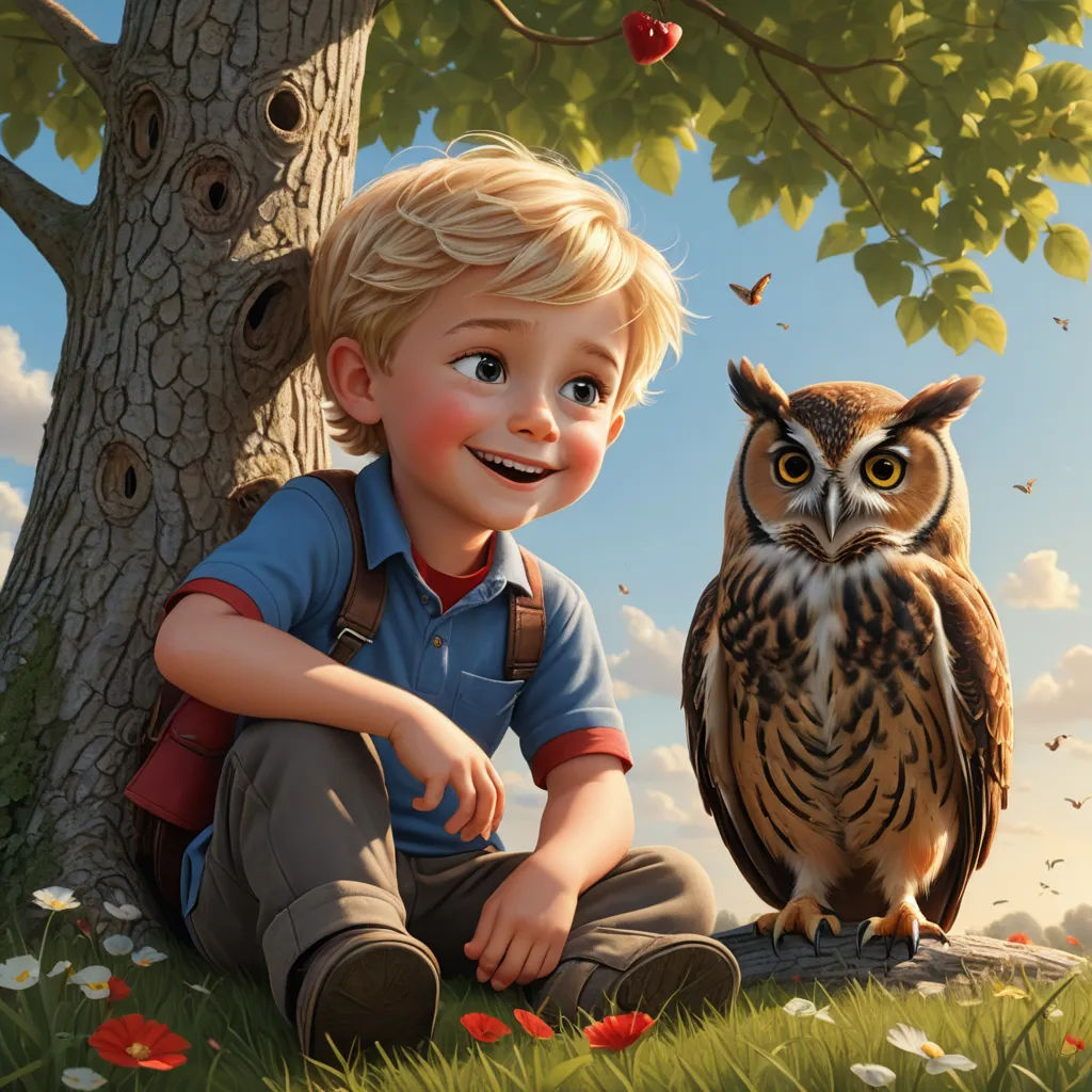a boy sitting next to an owl on a field of grass and flowers with a tree in the background, fantasy art, a storybook illustration, Chris LaBrooy, highly detailed digital painting