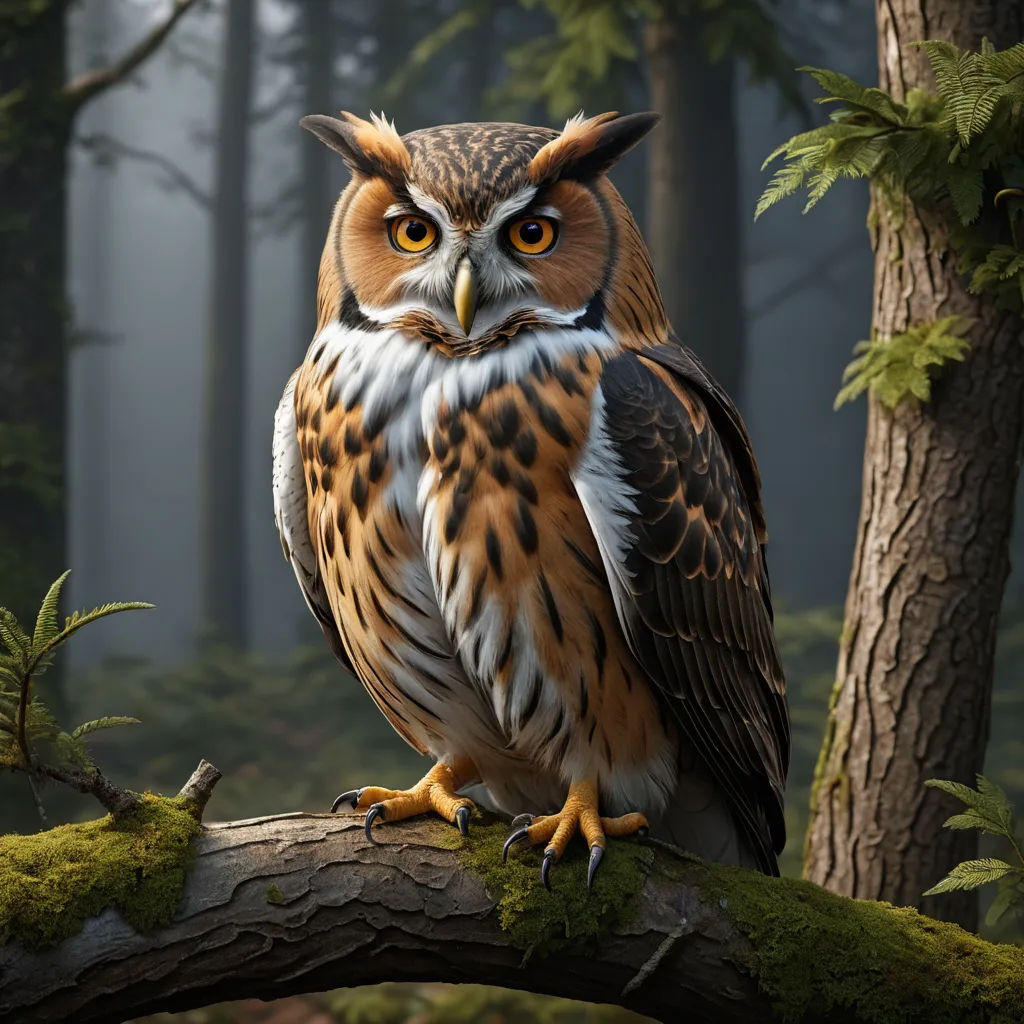 a large owl sitting on a tree branch in a forest with trees and mossy ground and fog in the background, photorealism, a 3D render, Chris LaBrooy, ultra realistic digital art