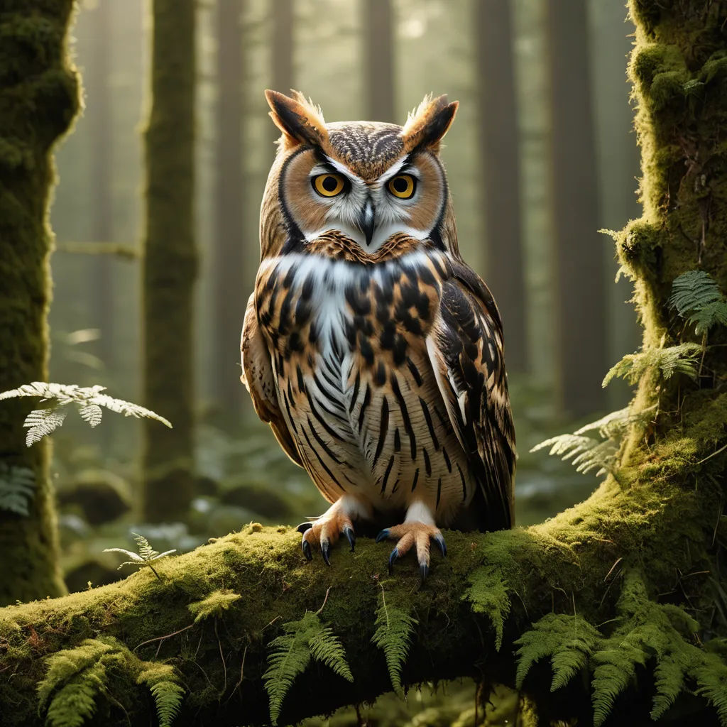a large owl sitting on a mossy branch in a forest with trees and ferns in the background and a sunbeam, naturalism, a photorealistic painting, Chris LaBrooy, behance hd