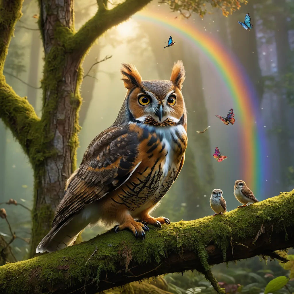 a painting of an owl sitting on a branch with a rainbow in the background and butterflies flying around it, fantasy art, a storybook illustration, Chris LaBrooy, highly detailed digital painting