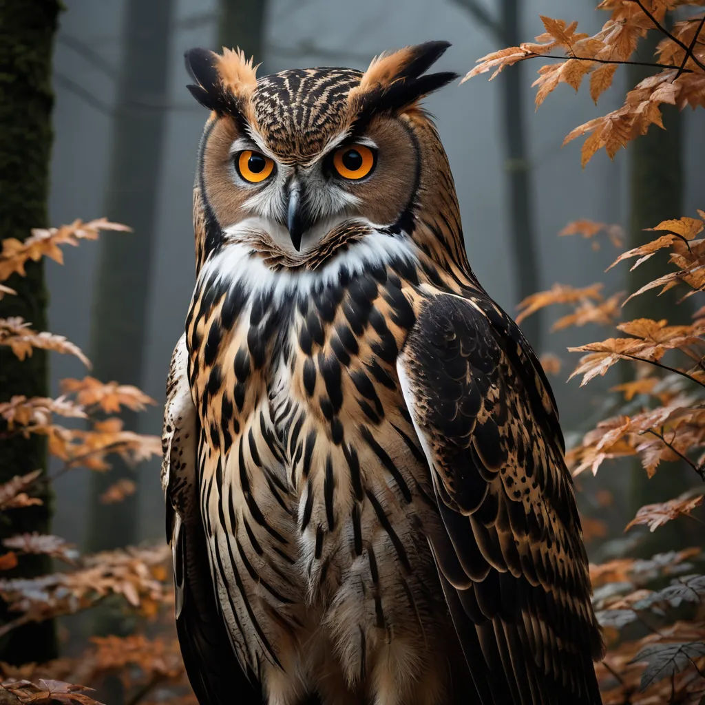 a large owl standing in a forest with trees in the background and foggy sky above it, with a yellow - eyed owl in the foreground, art photography, a photorealistic painting, Bernd Fasching, animal photography