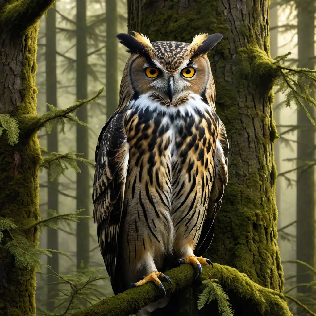 a large owl sitting on a tree branch in a forest with mossy trees and a foggy sky, naturalism, a photorealistic painting, Arie Smit, wildlife photography