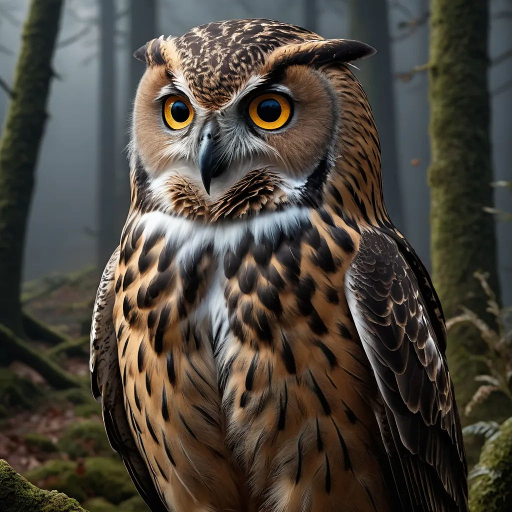 a large owl with yellow eyes sitting on a branch in the woods with trees in the background and foggy sky, photorealism, a 3D render, Arie Smit, behance hd