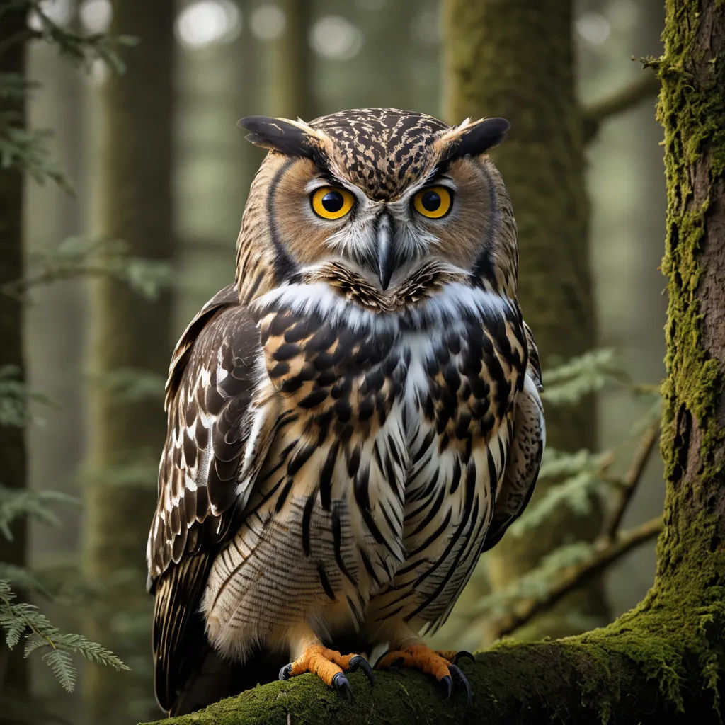 a large owl sitting on a tree branch in a forest with mossy trees and a few yellow eyes, naturalism, a photorealistic painting, Arie Smit, animal photography