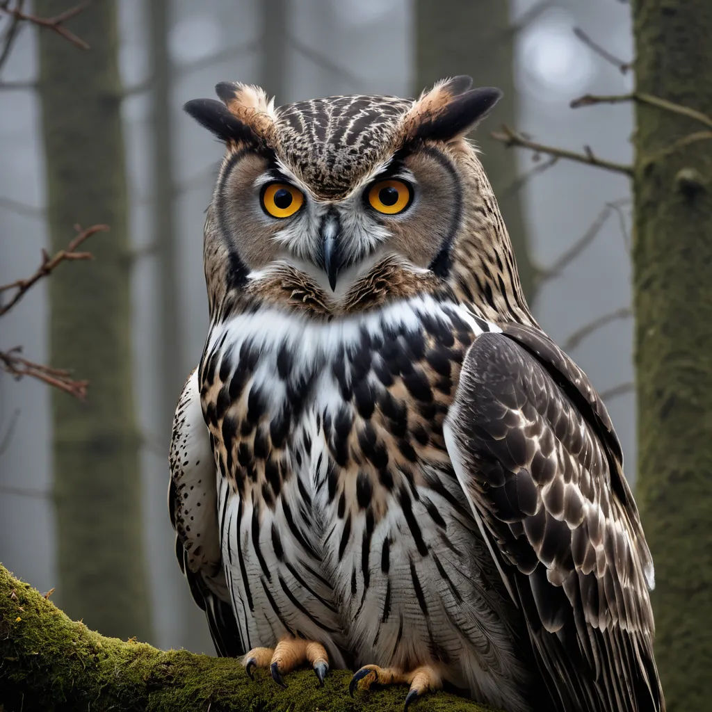 a large owl sitting on a tree branch in a forest with fog in the background and yellow eyes and a black head, naturalism, a stock photo, Bernd Fasching, animal photography