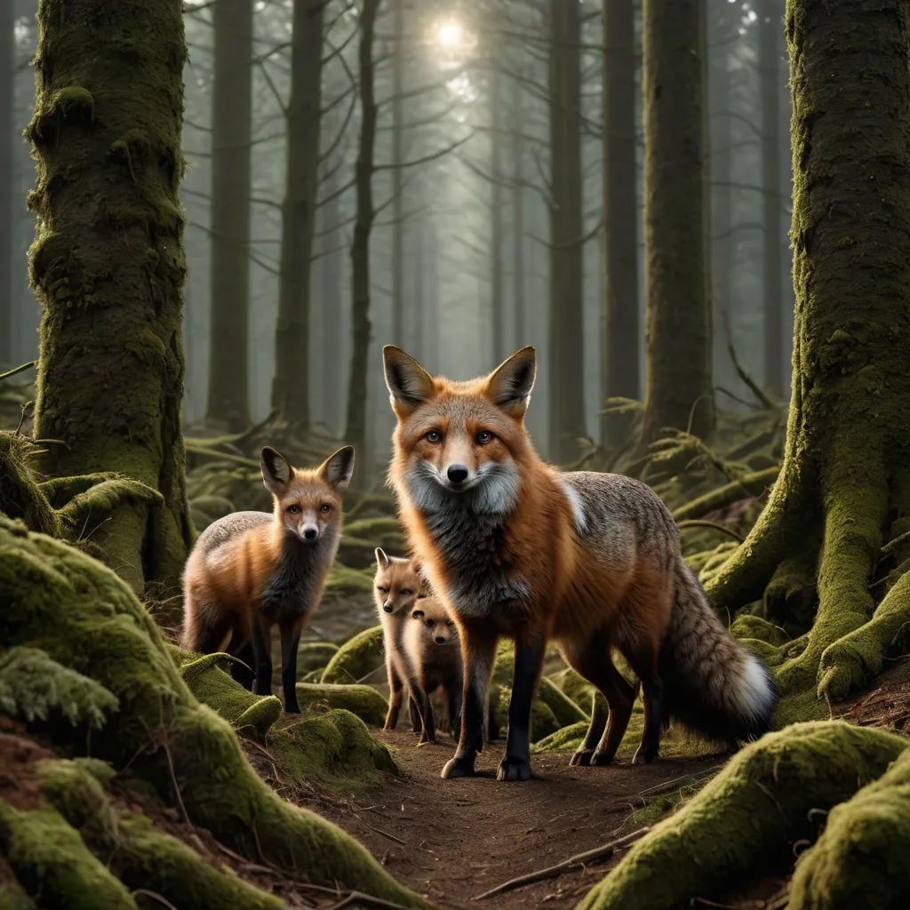 a group of foxes standing in a forest with mossy trees and mossy rocks on the ground, with the sun shining through the trees, naturalism, a storybook illustration, Arie Smit, award-winning photograph