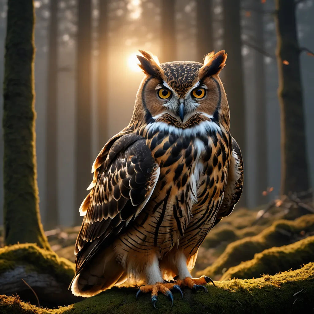 a large owl sitting on top of a moss covered ground in a forest with trees and sunlight shining through the trees, art photography, a photorealistic painting, Artur Tarnowski, wildlife photography