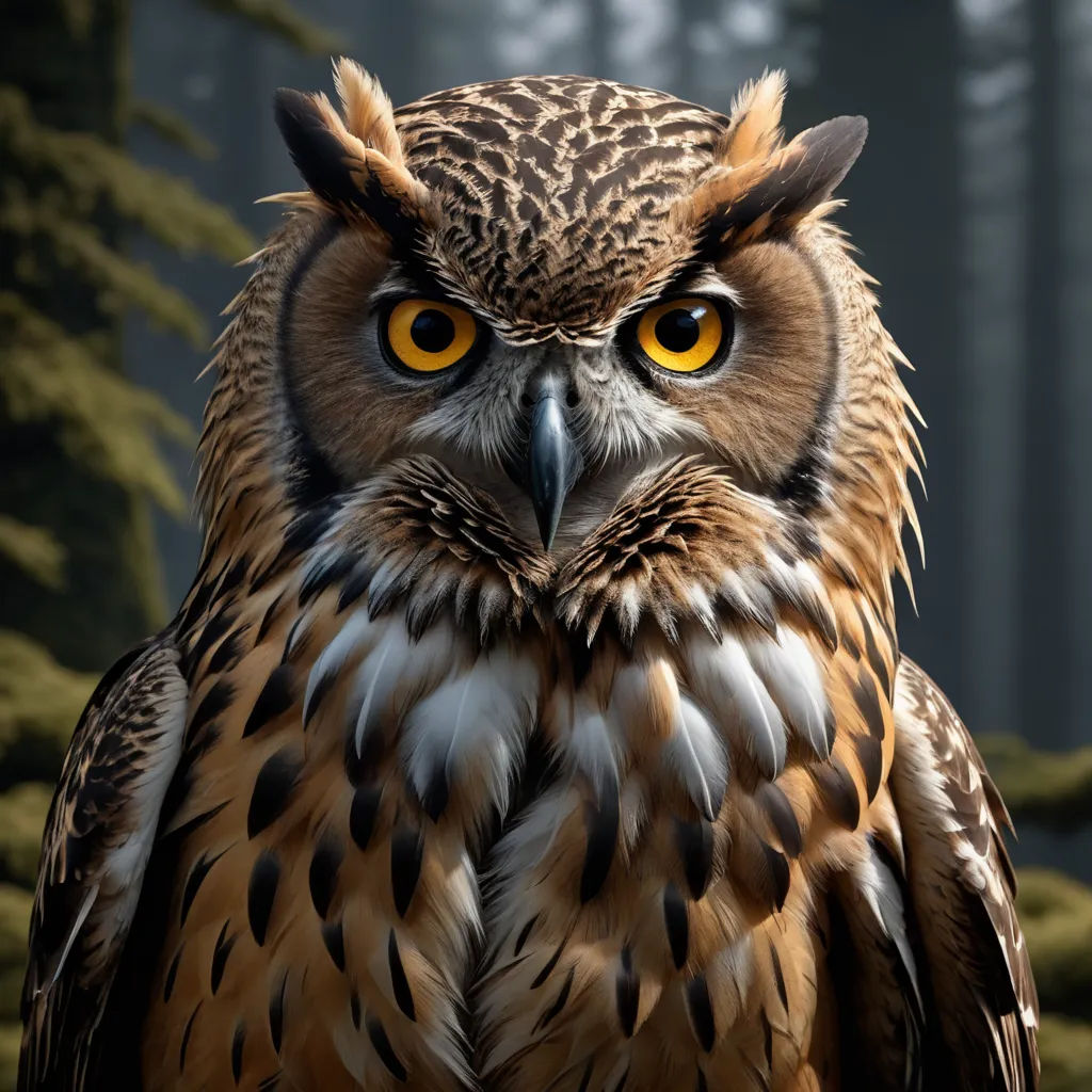 a close up of a bird of prey with yellow eyes and a tree in the background with a blurry background, photorealism, a 3D render, Chris LaBrooy, behance hd