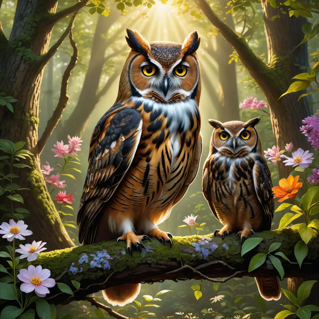 two owls sitting on a branch in a forest with flowers and trees in the background, with the sun shining through the trees, fantasy art, a storybook illustration, Anne Stokes, highly detailed digital painting