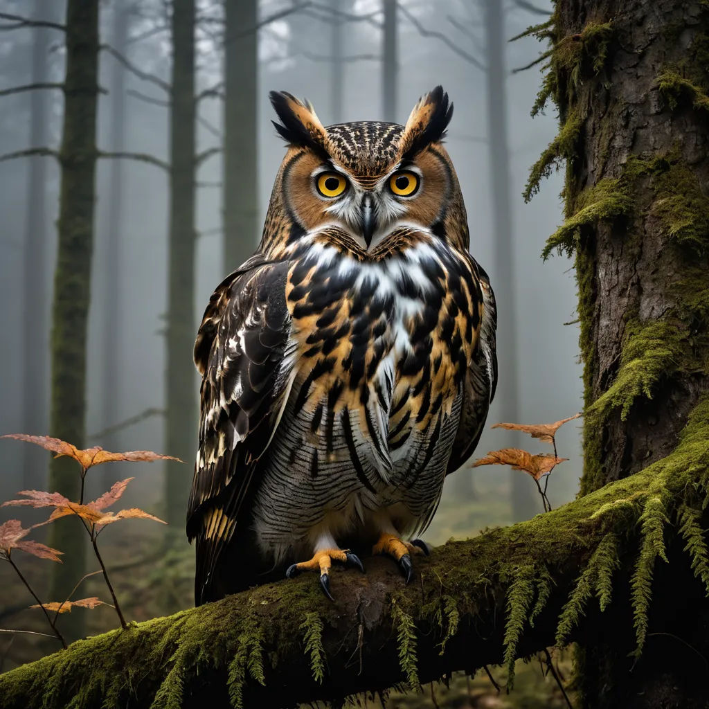 a large owl sitting on a tree branch in a forest with foggy trees and mossy branches in the background, art photography, a photorealistic painting, Arie Smit, wildlife photography