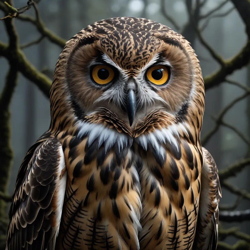a large owl with yellow eyes sitting on a branch in a forest with trees in the background and foggy sky, photorealism, a photorealistic painting, Arie Smit, highly detailed digital painting