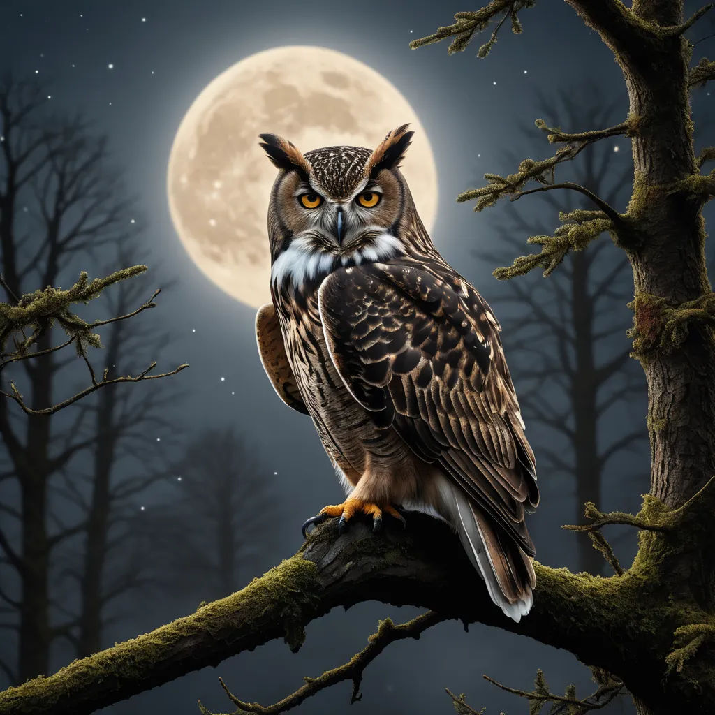 a large owl perched on a tree branch in front of a full moon with trees in the background and a full moon in the sky, fantasy art, a digital painting, Dan Mumford, highly detailed digital painting