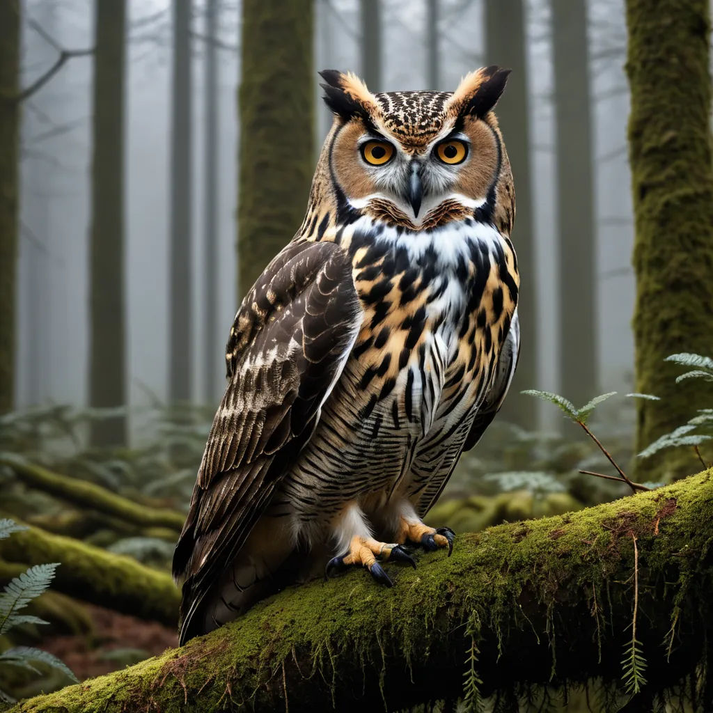 a large owl sitting on a mossy branch in a forest with trees and ferns in the background and foggy sky, naturalism, a photorealistic painting, Arie Smit, wildlife photography