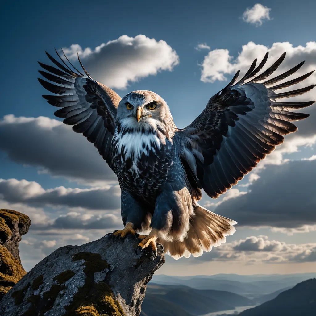 a bird of prey spreads its wings on a rock in the mountains under a cloudy sky with clouds and a few scattered scattered scattered scattered scattered scattered scattered scattered scattered scattered scattered scattered scattered scattered scattered scattered scattered scattered scattered scattered, art photography, a photorealistic painting, Bernd Fasching, award - winning photo