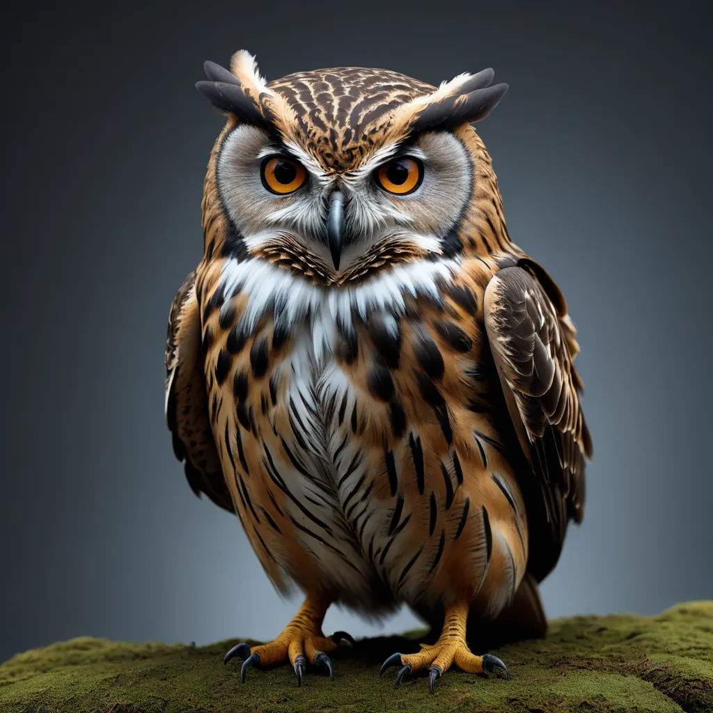 a close up of a owl on a rock with a dark background and a yellow eye and a black head, photorealism, a 3D render, Arie Smit, behance hd