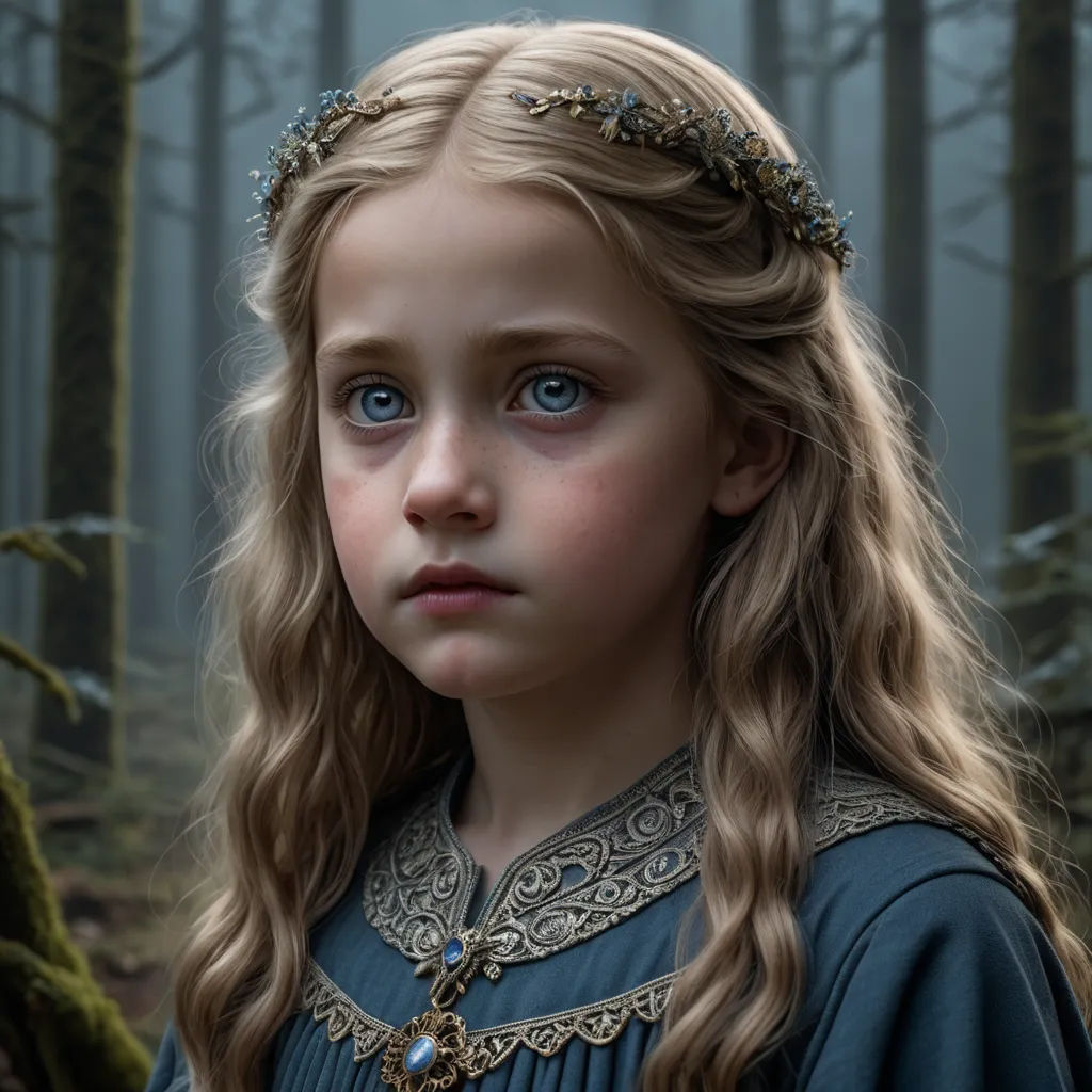 a young girl with long blonde hair wearing a blue dress in a forest with trees and fog in the background, antipodeans, a detailed matte painting, Daniel Lieske, promotional image
