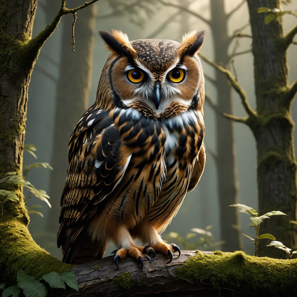 a large owl sitting on a tree branch in a forest with mossy trees and a foggy sky, photorealism, a photorealistic painting, Chris LaBrooy, behance hd