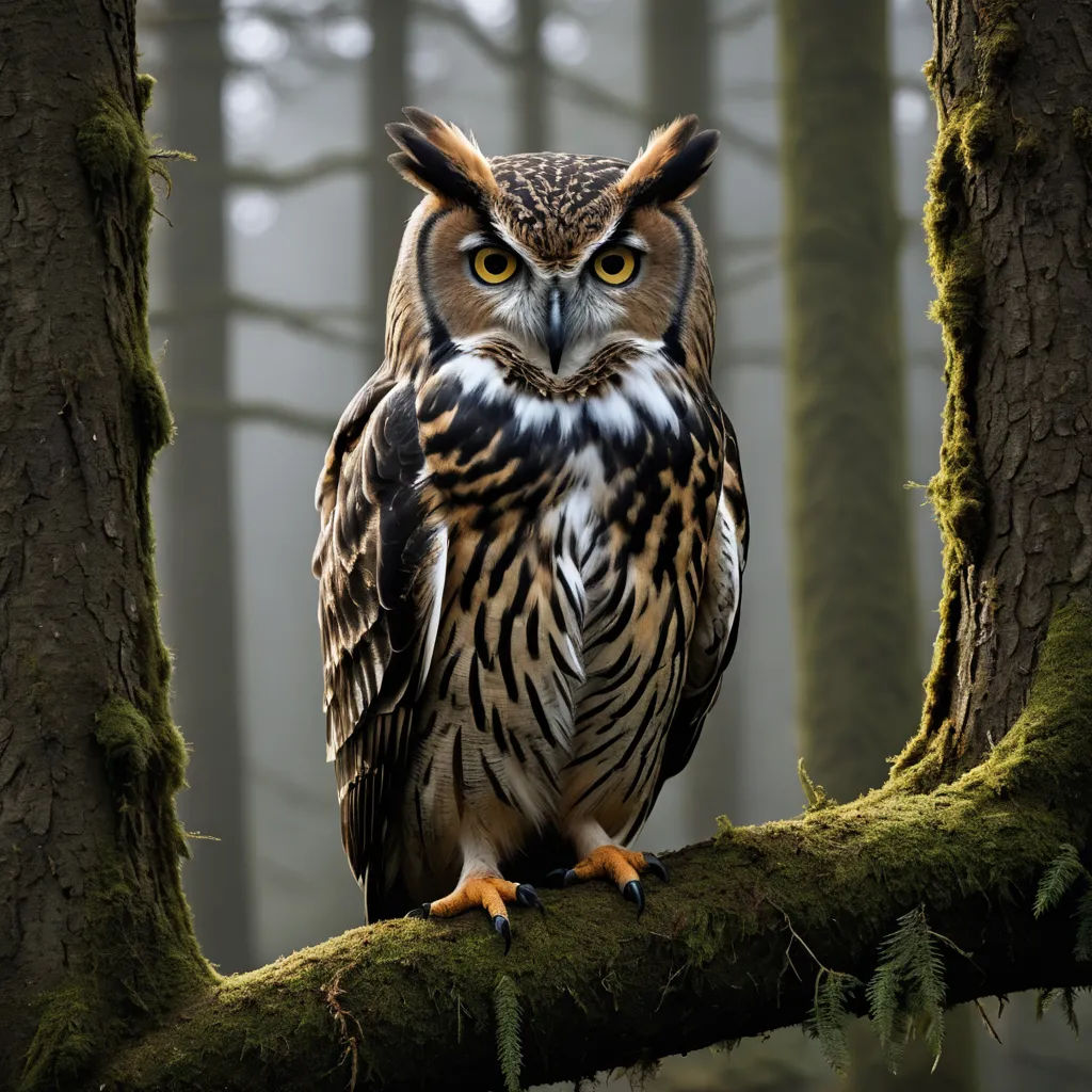 a large owl sitting on a tree branch in a forest with mossy trees and foggy sky in the background, naturalism, a photorealistic painting, Arie Smit, wildlife photography