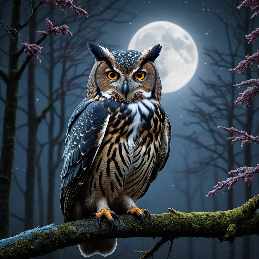 an owl sitting on a branch in front of a full moon and trees with pink flowers in the foreground, fantasy art, a digital painting, Bernd Fasching, highly detailed digital painting