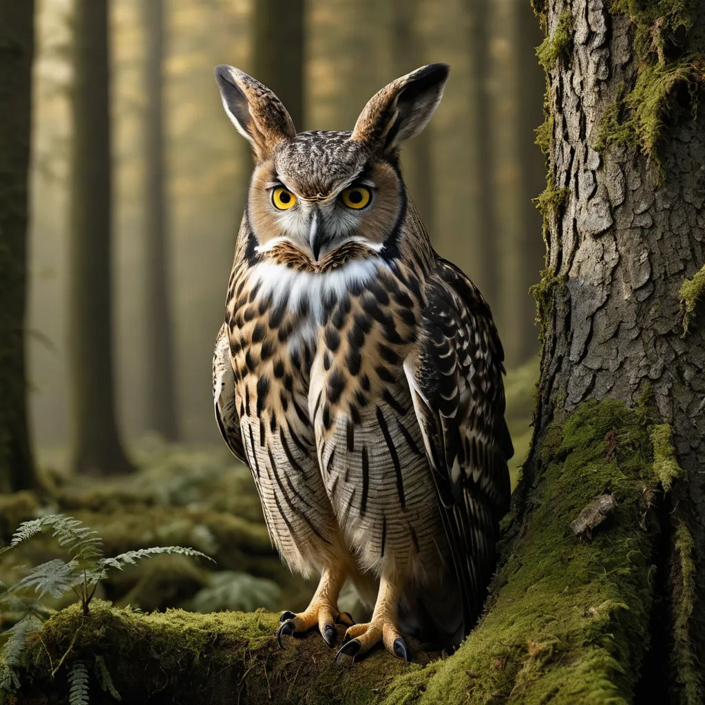 a large owl standing on a mossy tree branch in a forest with trees and ferns in the background, magic realism, a digital rendering, Chris LaBrooy, animal photography
