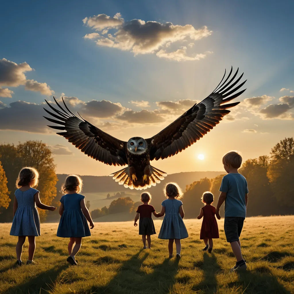 a group of children standing in a field with an owl flying overhead over them and a sun setting behind them, art photography, a storybook illustration, Bernd Fasching, award - winning photo
