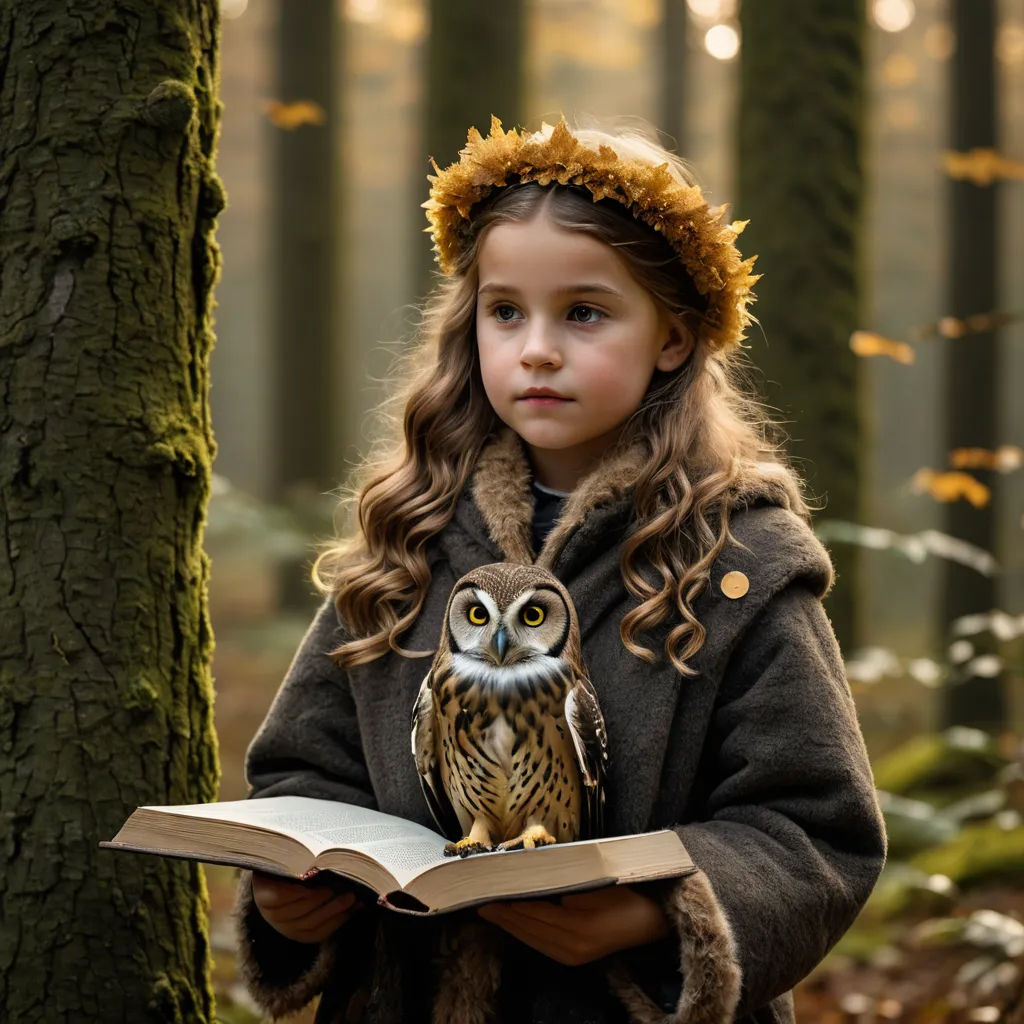 a young girl holding an owl in a forest with a book in her hands and a hat on her head, art photography, a storybook illustration, Artur Tarnowski, storybook illustration