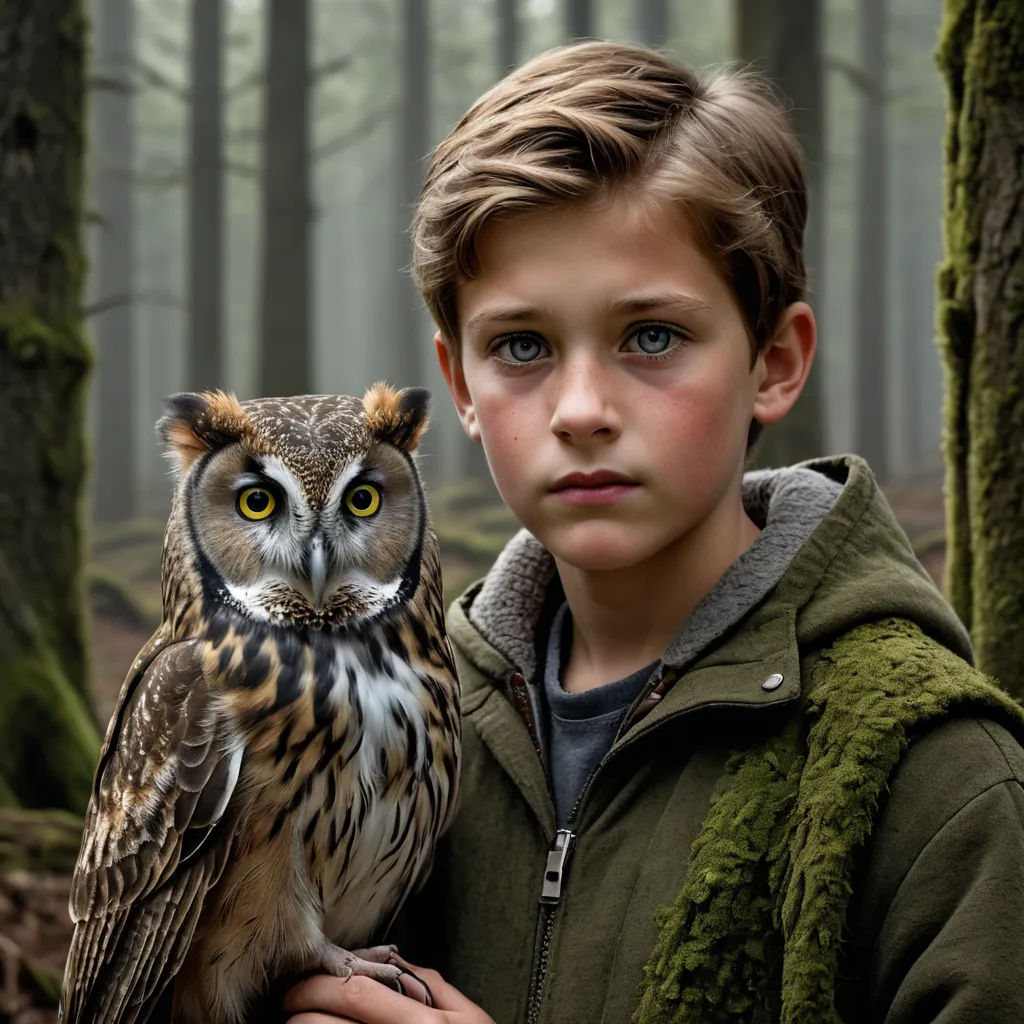 a boy holding an owl in a forest with trees in the background and fog in the air behind him, art photography, a character portrait, Daniel Lieske, promotional image