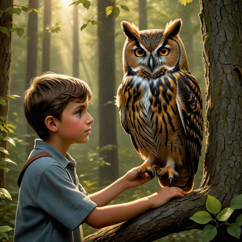 a boy holding an owl on a tree branch in a forest with sunlight shining through the trees and leaves, fantasy art, a storybook illustration, Brom, highly detailed digital painting
