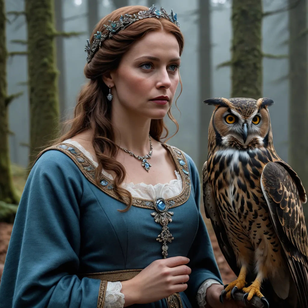 a woman in a blue dress holding an owl in a forest with trees in the background and fog in the sky, pre-raphaelitism, a flemish Baroque, Anna Maria Barbara Abesch, promotional image