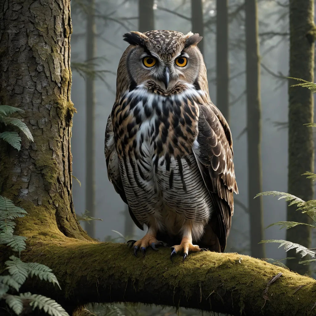 a large owl sitting on a tree branch in a forest with trees and ferns in the background and a foggy sky, naturalism, a 3D render, Arie Smit, animal photography
